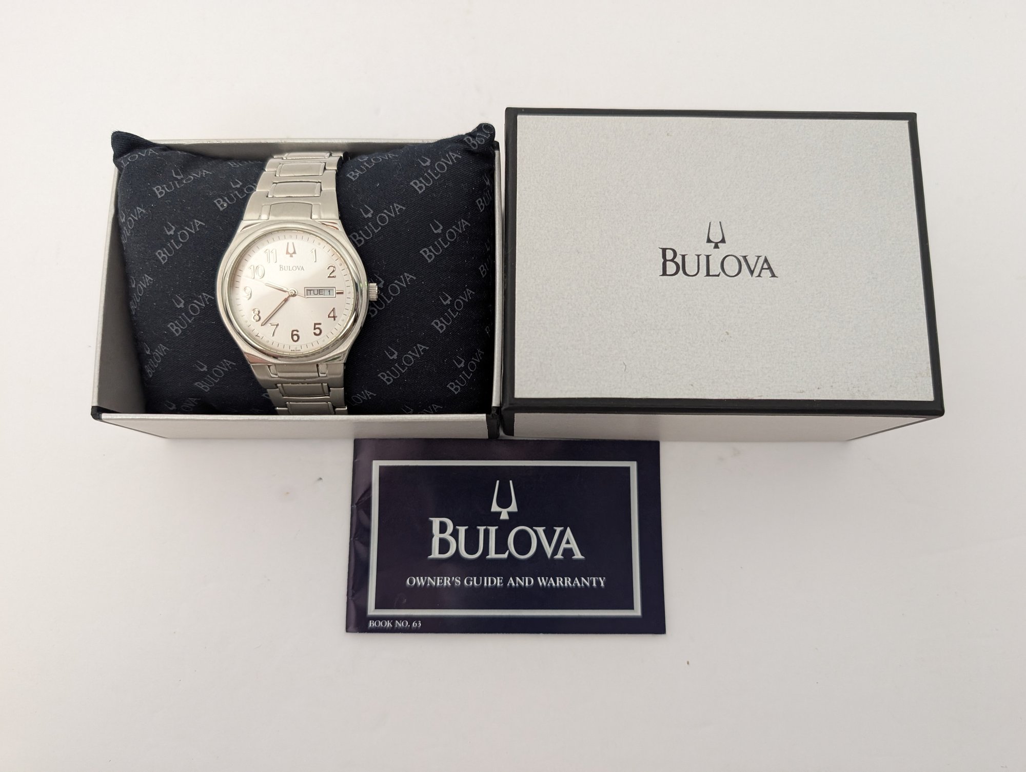 Bulova Mens Stainless Steel Watch W/ Day-Date Display In Box W/ Manual ...
