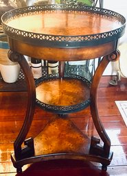 THEODORE ALEXANDER 3-Tiered Burl And Brass Neoclassical Round Center Side Table