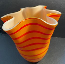 Vintage BOHO Blown Glass Orange Striped Vase - 7'