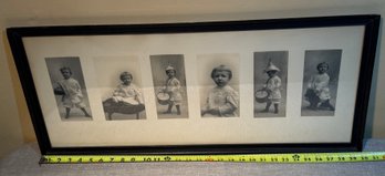 ANTIQUE FRAMED 5 PHOTOGRAPHS OF A YOUNG BOY CHILD W/DRUM &  FOOTBALL 13x30'