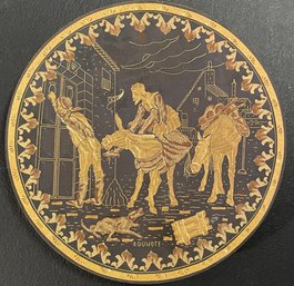 Vintage Damascene Toledo Don Quixote 24k Etched Footed Plate - 6.25' Diameter
