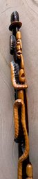AFRICAN WALKING STICK CANE HAND CARVED WOOD TOTEM- FACES SMOKING PIPES, WRAPPED SNAKE 37' VINTAGE WE CAN SHIP!