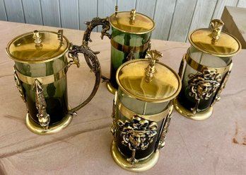 4 VINTAGE SOLID BRASS LIDDED STEINS- TEA GLASS HOLDER MEDUSA HEADS REMOVEABLE GREEN GLASS JAPAN- WE CAN SHIP!