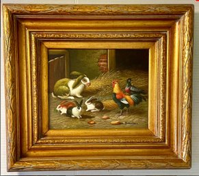 BOROFSKY OIL PAINTING ON CANVAS OF RABBITS, ROOSTER, & DOVE Vintage Art Signed- WE CAN SHIP