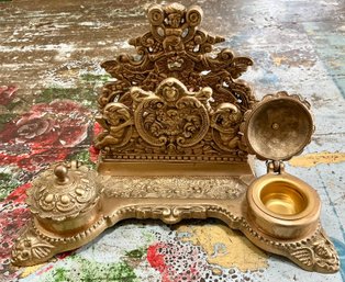 20th C BRASS DOUBLE INKWELL LETTER HOLDER CHERUBS 9 1/2'-WE CAN SHIP!