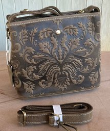 FLORAL EMBOSSED LEATHER BROWN HOBO BAG PATRICIA NASH STYLE DETACHABLE STRAP NWT-WE CAN SHIP!