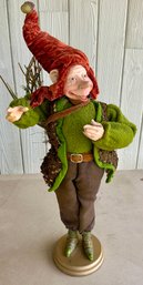 VINTAGE GREEN IRISH FAIR ELF WITH WOOD SATCHEL, KNIT VEST, POINTY NOSE & BOOTS- WE CAN SHIP!