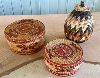 2 BUTTERFLY NESTING & A 6 1/2' BEEHIVE SHAPED LIDDED BASKETS- WE CAN SHIP!