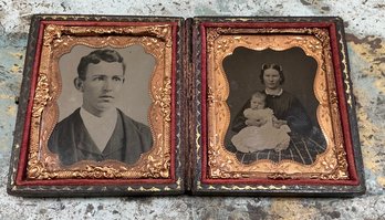 ANTIQUE DOUBLE CASE DAGUERROTYPES OF A MAN & WOMAN WITH CHILD LEATHER CASE STAMPS- WE CAN SHIP