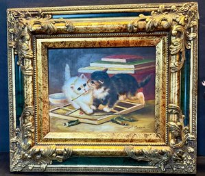 VINTAGE OIL PAINTING 2 PLAYFUL KITTENS On Wood Panel GILT FRAME  'A. COSTA'- 15 X 17' Framed- WE CAN SHIP!