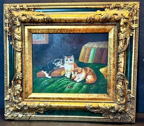 VINTAGE OIL PAINTING 3 KITTENS GAMES On Wood Panel GILT FRAME Signed 'A. COSTA'- 15 X 17' Framed- WE CAN SHIP!