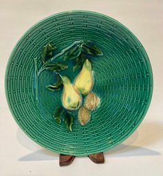 German Basketweave Majolica Plate With Pears