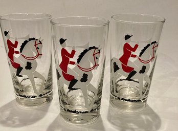 Vintage Libbey Talley Ho  11 Oz  Equestrian Tumblers Set Of 3