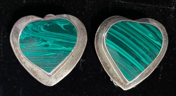 VINTAGE STERLING SILVER MALACHITE HEART CLIP EARRINGS