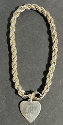 Tiffany & Co Sterling Silver 1980 Rope Bracelet W/ Heart Pendant - 8'- Original Box