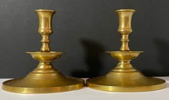 Pair Vintage Heavy Brass Candlestick Holders - 5.75' Tall, 6' Dia. Base