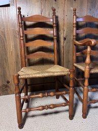 Vintage Early American Ladder-Back Maple Chairs With Woven Rush Seats