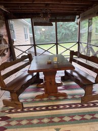 Rustic Pine Trestle Tand With High Back Benches Dining Set