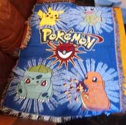 Vintage 1998 Pokmon Woven Throw Blanket - Pikachu, Charmander, Bulbasaur, Squirtle