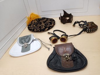 Renaissance Faire Accessories Lot - Pouches, Hat, Steampunk Goggles, Leather Mask