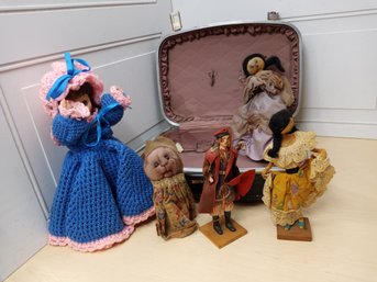 Lot Of 5 Unique  Handmade Vintage Dolls With Vintage Floral Travel Case, Various Materials & Styles