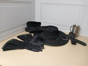 Renaissance Faire Leather Set: Hat, Gloves, Pouch, Mug With Frog & Belt Ring