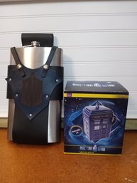 Doctor Who 64oz Flask With Leather Strap And TARDIS Mug With Lid In Box