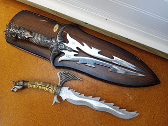 Fantasy Knife Display LotUnicorn & Horned Beast On Wooden Plaque Included