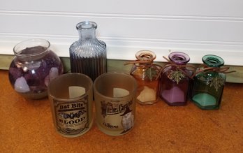 Eclectic Glass Decor Lot: Halloween Tumblers, Bottles, And Gel Candle (7 Items)