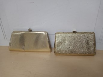 2 Gold Faux Leather Clutches With Snap Closures, 10' And 8.25' Long By 4.5' Wide