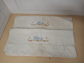 Pair Of 31' X 19' Embroidered His And Hers Pillowcases With Floral Accents