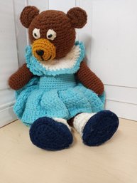 Handmade Crochet Bear In Blue Dress -  Approx. 16 Inches