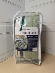 Colormate King 8 Piece Bed Set Green Stripe Comforter Sheets Never Opened