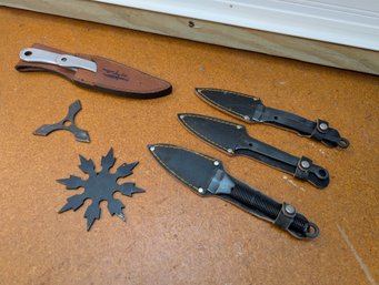 Set Of 5 Throwing Knives With Sheaths And 2 Ninja Stars For Practice Or Display