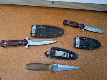 3 Small Dagger Style Fixed Blades With Leather Sheaths And Clip Backs  Compact Lot