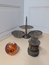 Decor Lot: Glass Orb Candle, Wood Carved Figure Candle Holder & Folding, Tiered Metal Dish Stand