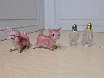 2 Sets Vintage Salt & Pepper Shakers: Pink Pigs And Cut Glass With Metal Tops