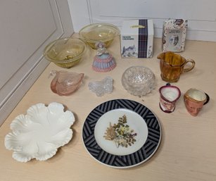 Eclectic Vintage Glass And Ceramic Decor Lot With Figurines, Bowls, And Plates
