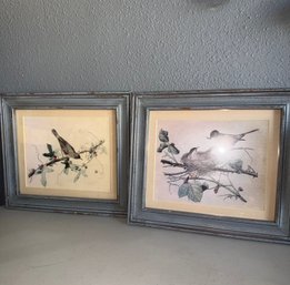 Pair Of Beautiful Bird Vintage Artwork In Distressed Frames