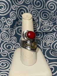 Vtg Whiting And Davis Sterling And Coral And Gold Ring