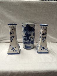 Set Of 3 Tableware Pieces - 2 Candle Holders And 1 Small Vase