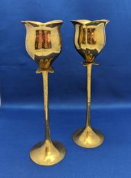 Set Of 2 Flower Shaped Solid Brass Champagne Flutes
