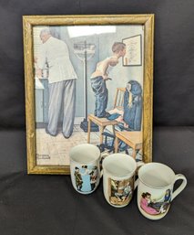 Norman Rockwell Picture And 3 Mugs