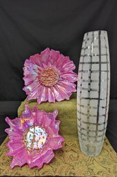 Iridescent Pink Flower Bowl And Clear Vase