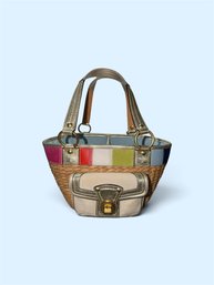 Vintage Y2K Coach Woven Straw Bucket Tote W Rainbow Stripe
