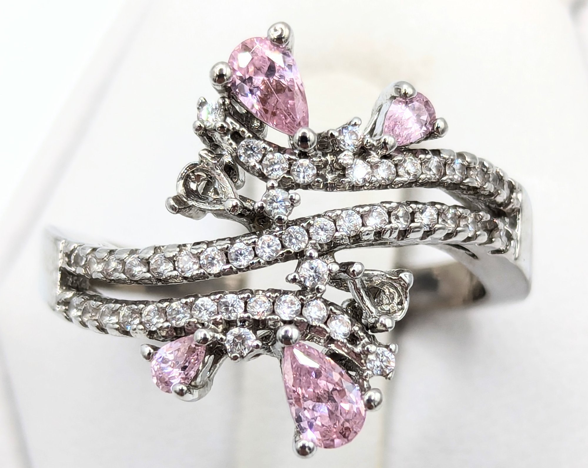 Sterling, 925, Pink & Clear Rhinestones, Floral Swirl, Ring Sz. 8.75 ...