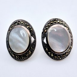 Sterling Mother Of Pearl Marcasite Oval Stud Earrings