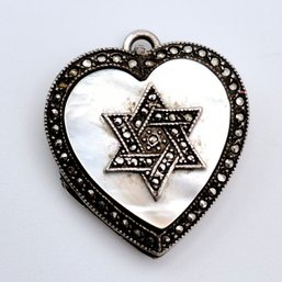 Sterling Marcasite Mother Of Pearl Heart Locket
