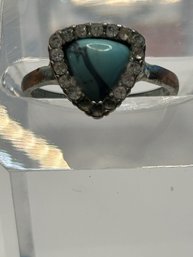 Lovely Silver Tone Ring, Turquoise Wrapped In Diamonds, Size 7, 2 Grams