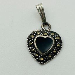 Signed Sterling Marcasite Black Stone Heart Pendant 1.3g